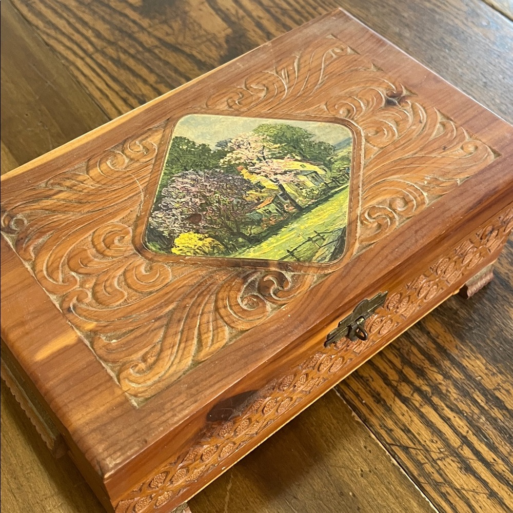 Vintage cedar Wood Carved Jewelry Box with Scenic Inlay